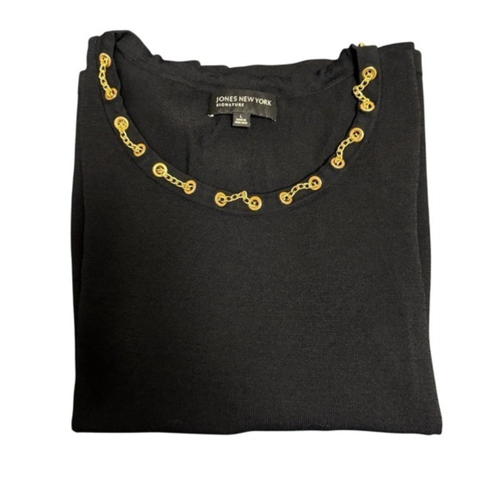 Jones NY Sig Black Knit Top L Gold Color Chain Embellished Neckline 3/4‎ Sleeve